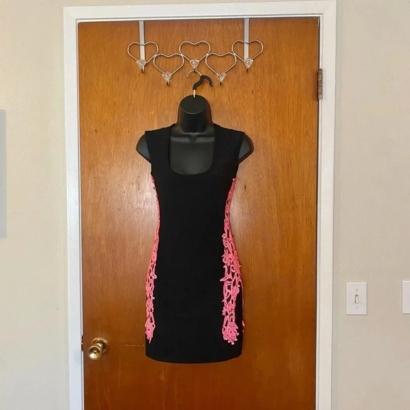 Symphony Black Dress Pink Open Cutout Stitch Sides Bodycon Mini Dress Size Small - Picture 8 of 15